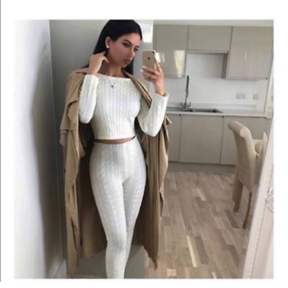 two piece set white sweater crop long sleeve